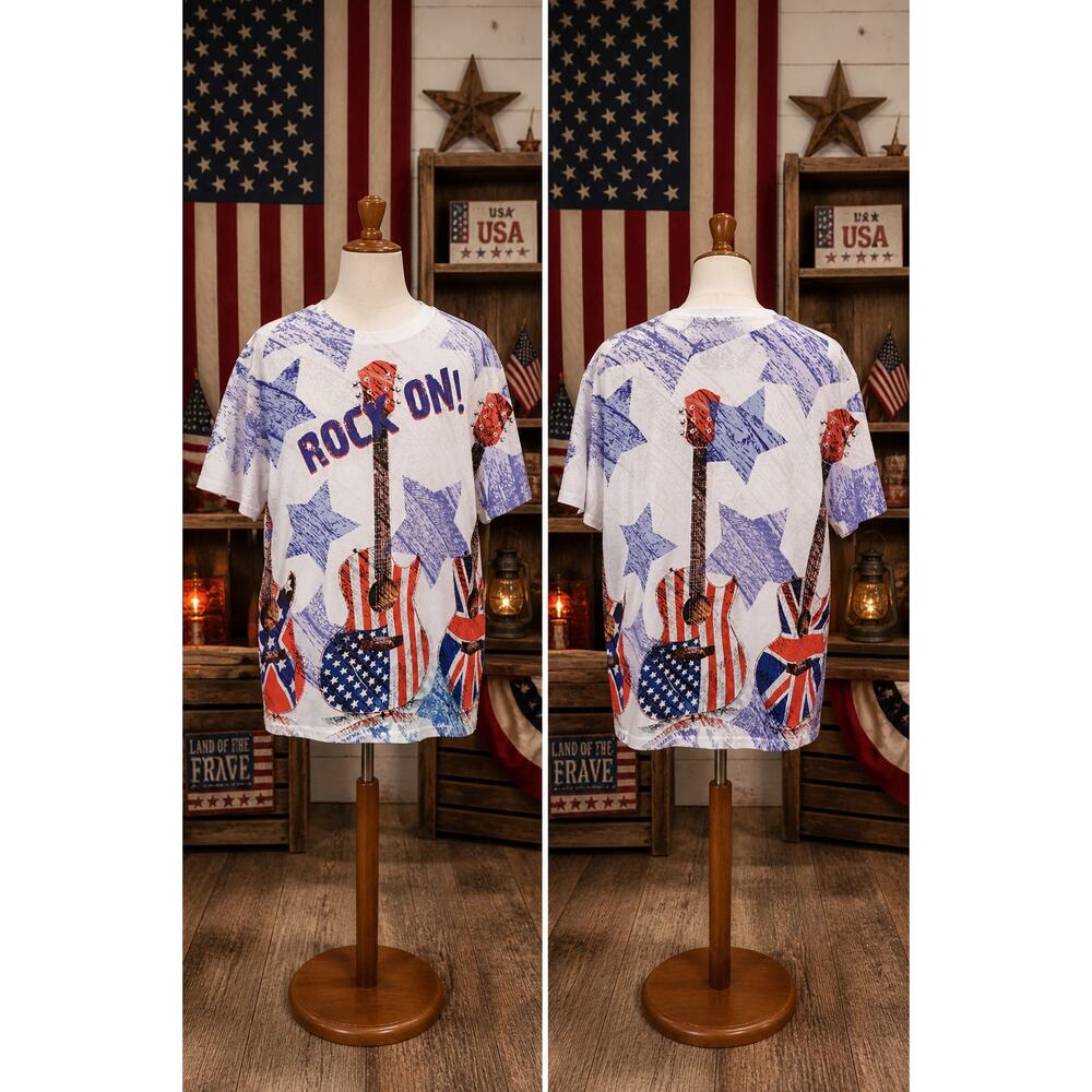 Vintage USA Rock On Guitar Tee XL All Over Print Made in USA 90s